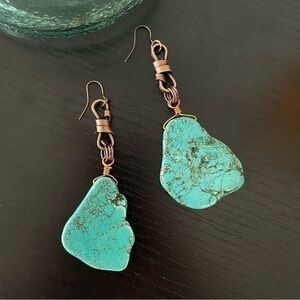 2/$49 Handmade Blue Imperial Jasper Mixed Copper Statement Earrings 4” Gift West